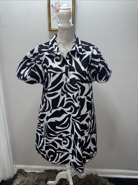 MSK Black and White Abstract Midi Dress with Puff Sleeves